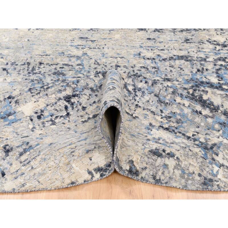 Shahbanu Rugs Wool and Silk Blue Abstract with Mosaic Design Hand Knotted Oriental Round Rug (9